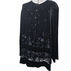 Silk Club Collection Blouse 2X Black Floral Embroidery